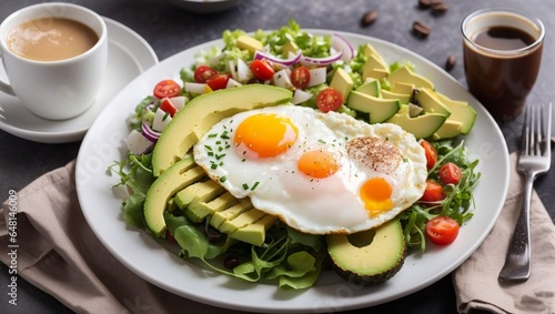 healthy breakfast set Fried Egg Avocado and Salad with Coffee.