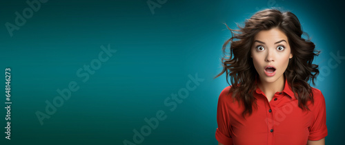 Portrait of a suprised or shocked young woman, open mouth and wide opened eyes, brunette  hair, blue background