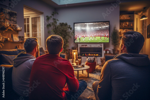 A group of young men are watching a professional football match on TV, sitting at home on the couch in the evening. Football fans watch sports.