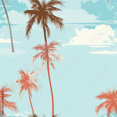 Varied Pattern of Palm Trees and Leaves. Generative AI illustration. © MDQDigital