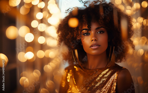 Beautiful smiling afro-american woman over dark golden bokeh background.