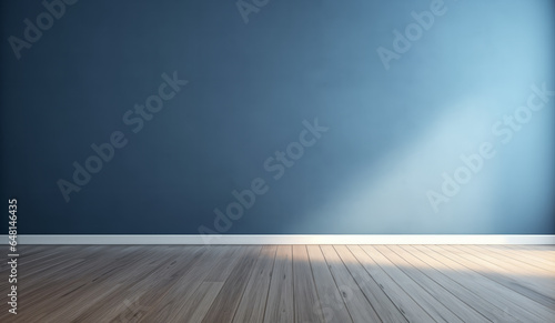 Empty room with blue wall and wooden floor  lights coming through window into room