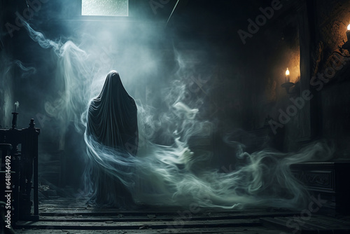 Old haunted wooden house with swirling fog, candlesticks and hooded ghost