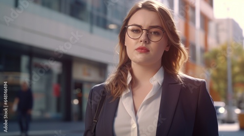 Closeup photo of a tired and exausted business woman in navy suit and white shirt and black glasses on a city street photo