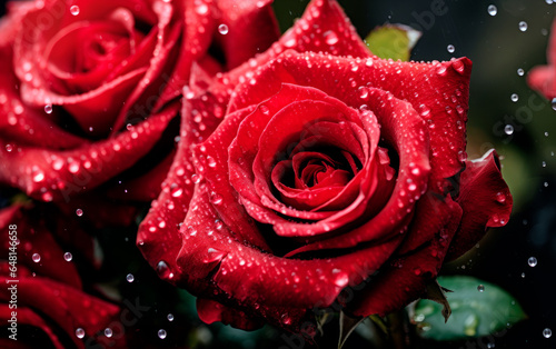 Bush of beautiful roses with rain drops. Floral background.