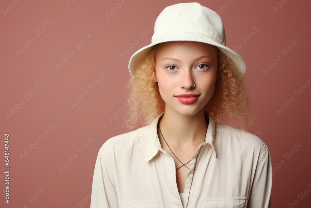 Portrait of a young attractive woman with pale red hair and an elegant white hat against a colorful studio backdrop Portrait of a young attractive woman with pale red hair and an elegant white hat against a colorful studio backdrop