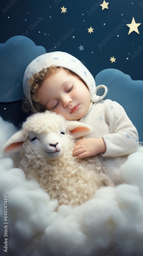 Fototapeta premium A little girl is sleeping with a sheep