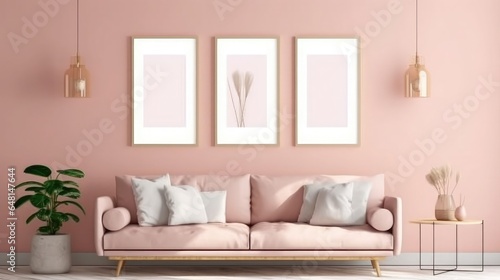 A pink modern living room interior with stylish comfortable gallery wall frames.