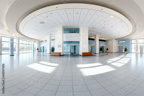 Seamless 360 panorama of empty modern hall with reception  doors  and panoramic windows in an administrative building  ready for AR VR content. Generative AI