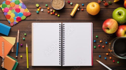 Top view of spiral notebok with pencil on wooden table. Emtry page for text. photo