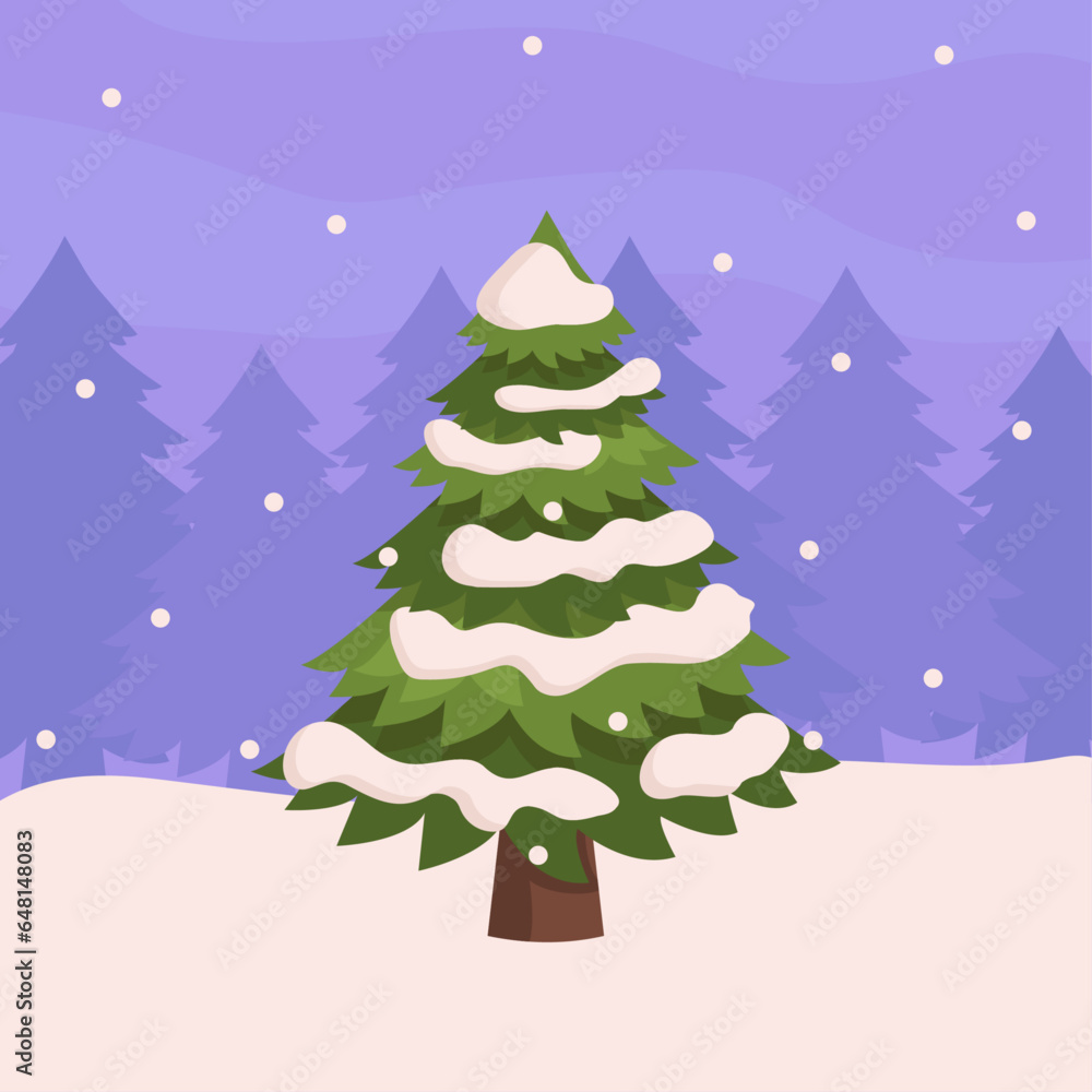 Beautiful tree with snow on its branches, not yet decorated. There are other trees behind. Snowing. Vector graphic.