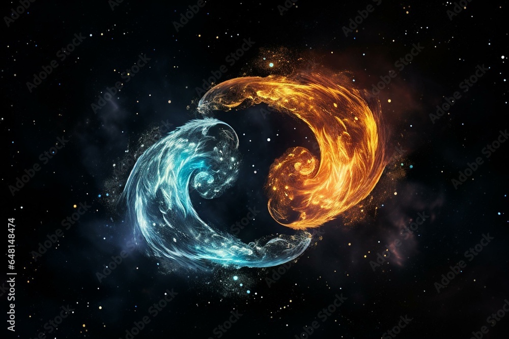 Twin flame yin yang symbol floating in space against a black background. Generative AI Stock