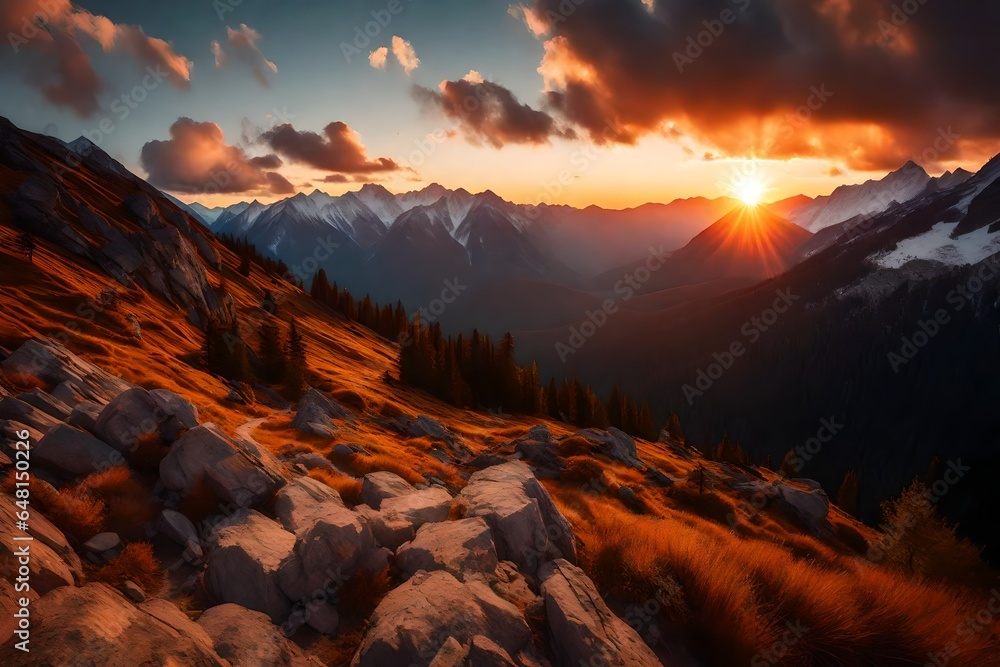 sunset over the mountains 4k HD quality photo.  - obrazy, fototapety, plakaty 