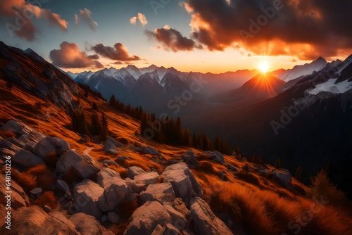 sunset over the mountains 4k HD quality photo.  © Robina