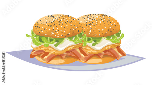 Hand-drawn vector bread burger illustration with meatloaf tomato vegetarian dish, white background, delicious food for lunch and dinner, fast food
