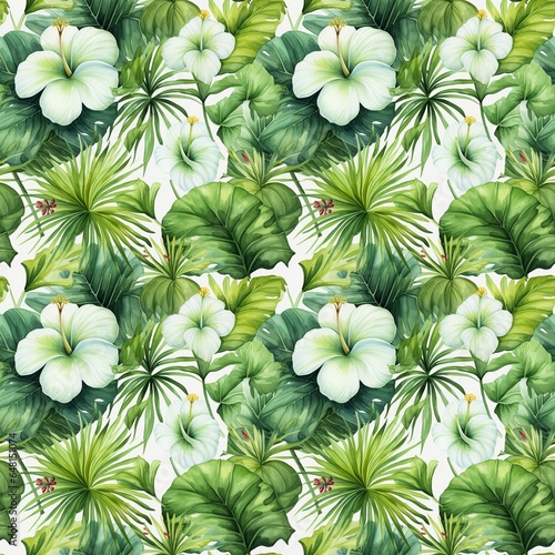 tropical seamless pattern of watercolor leaves and white flowers