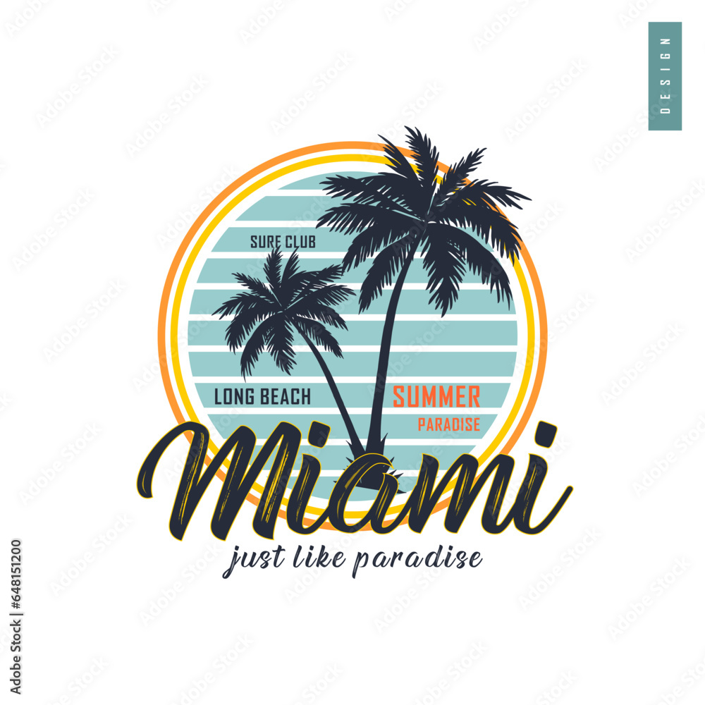 Miami beach surf club t-shirt design with illustration of a sunset on the beach with palm tree silhouettes. Printed t-shirt design. Vector illustration.