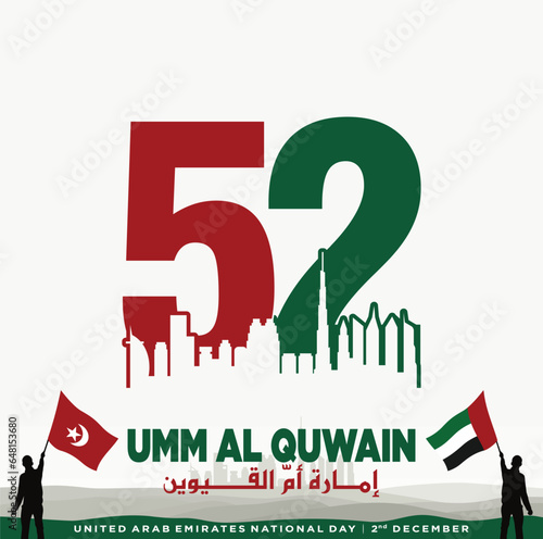 52 National Day of United Arab Emirates. December 2. Arabic Text Translate: State of Umm Al Quwain. Vector Logo. Eps 08.  photo