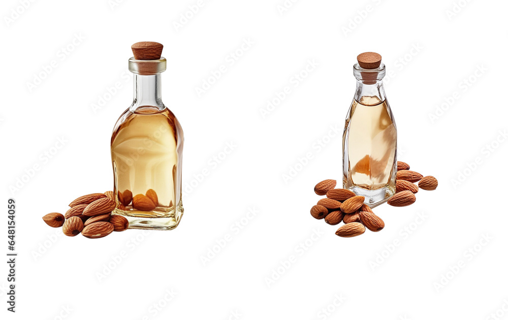 Almond oil, coconut oil, rice bran oil in clear bottles on white background.