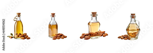 Almond oil, coconut oil, rice bran oil in clear bottles on white background.