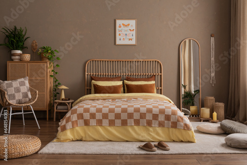 Aesthetic composition of warm living room interior with mock up poster frame, stylish bed, bedding with chess prints, mirror, rattan sideboard and personal accessories. Home decor. Template.