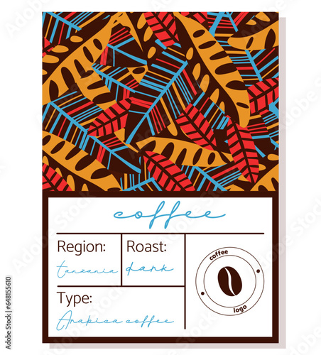 Leaf pattern coffee label. African pattern coffee packaging design in kogi brown, blue and pink colors
