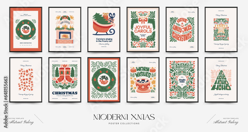 Merry Christmas and Happy New Year vertical flyer or poster template. Modern trendy Matisse minimal style. Hand drawn design for wallpaper, wall decor, print, postcard, cover, template, banner.
