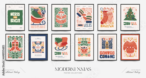 Merry Christmas and Happy New Year vertical flyer or poster template. Modern trendy Matisse minimal style. Hand drawn design for wallpaper, wall decor, print, postcard, cover, template, banner.