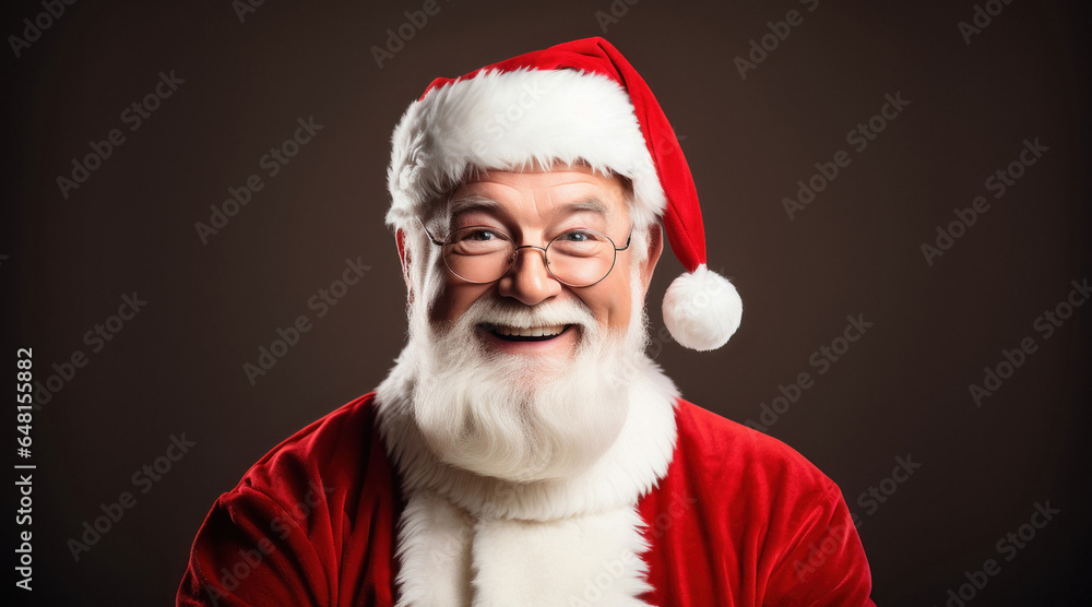 Senior Santa Claus, with a snowy white beard, poses for a festive portrait over black backgrund in studio in snowfall