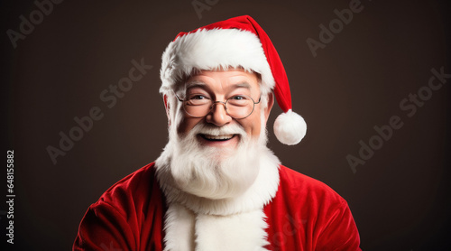 Senior Santa Claus, with a snowy white beard, poses for a festive portrait over black backgrund in studio in snowfall