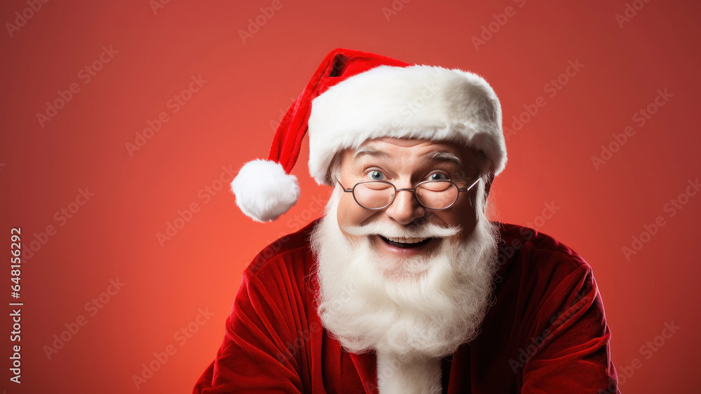 Santa stands by festive red wall in a studio, dressed in red suit and hat, sharing joyful laugh happiness bringing to children on Christmas Santa stands by festive red wall in a studio, dressed in red suit and hat, sharing joyful laugh happiness bringing to children on Christmas