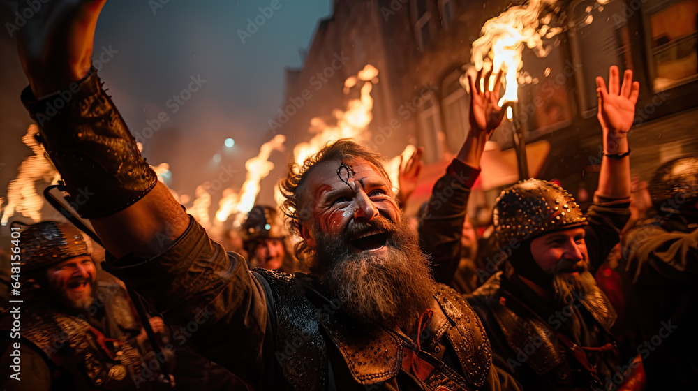 Vikings prepare buckets and hold torches with fire at night Vikings prepare buckets and hold torches with fire at night