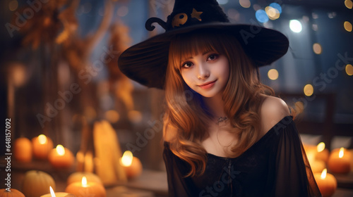 Young woman dressed in a witch costume, on Halloween.