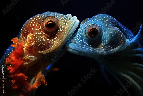 Two colorful fish are swimming. The underwater sea world, deepsea animals and the marine ecosystem.