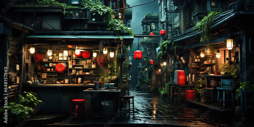 AI Generated. AI Generative. Traditional Japanese city town walking street night life in rain time. Cityscape adventure travel explore. Future cyberpunk asian vibe. - obrazy, fototapety, plakaty 
