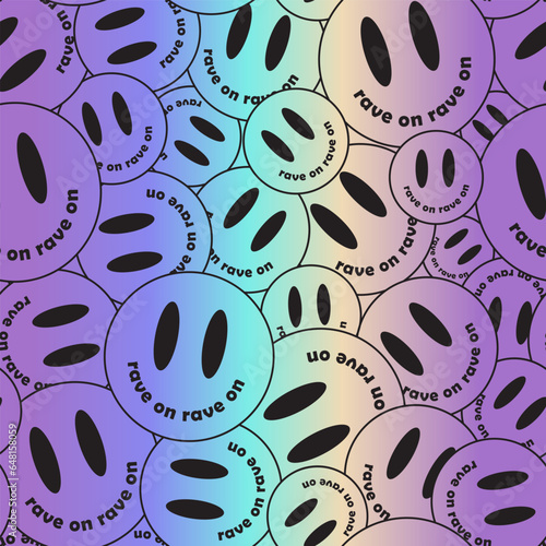 y2k acid rave seamless pattern with weird smiling faces. Crowded smiles holographic background. 90s grunge party, tech, trippy design. Funky vector graphic for poster, banner, cover, card