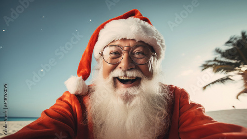 Santa, dressed in classic red hat and outfit, taking selfie on a beach with swaying palm trees in backdrop