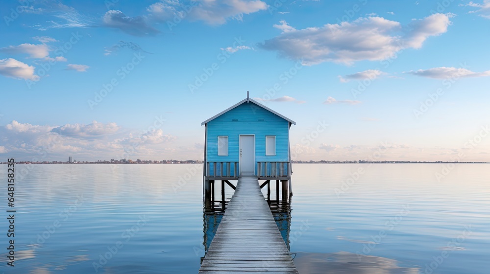  a small blue house sitting on top of a wooden pier.  generative ai