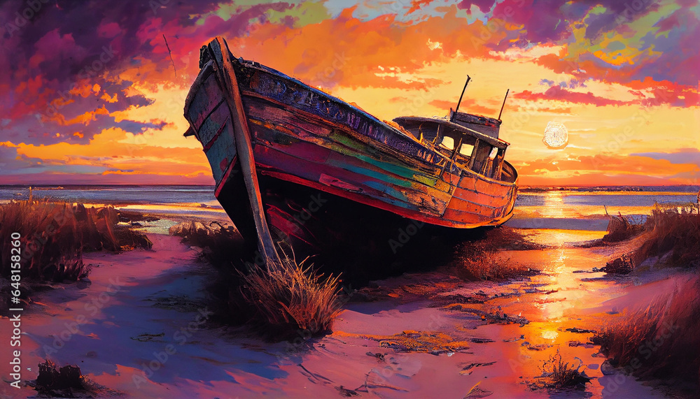 boat on beach with colourful sky