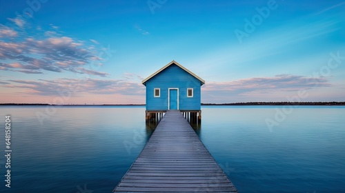  a small blue house sitting on top of a wooden pier. generative ai