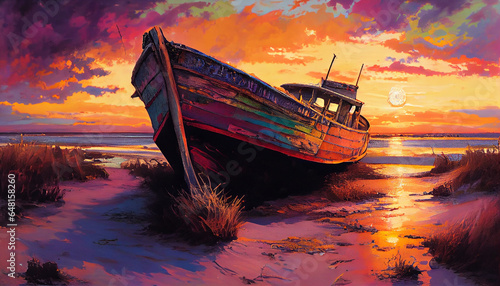 boat on beach with colourful sky