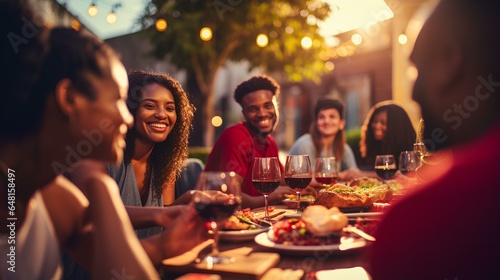 Young people enjoying delicious barbecue dinner party drinking red wine. Multiracial family having diner time together outside. Happy friends eating fresh food sitting at table. generative AI © yj