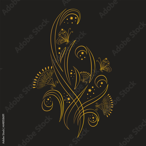 Gorgeous wedding card with butterfly, stars, carnation glitter, royal luxury gold on dark background.