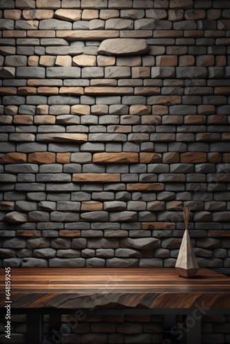 a wooden table with background brick wall made with Generative AI