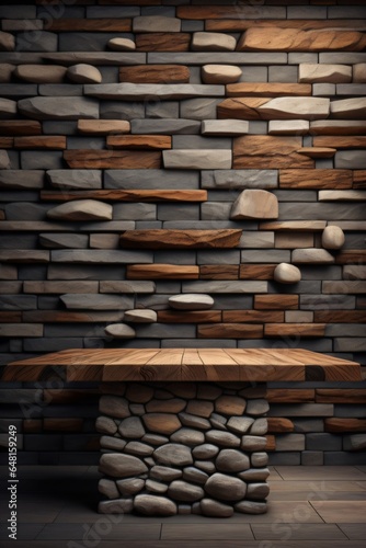 a wooden table with background brick wall made with Generative AI