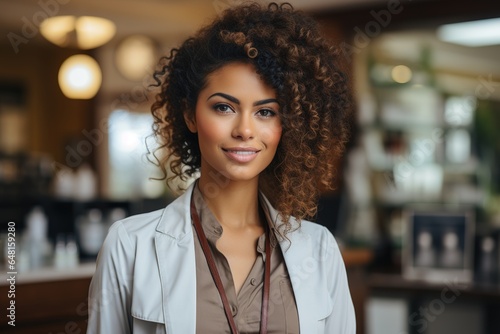 female pharmacist with lab coat, looking at camera smiling with the pharmacy in the background