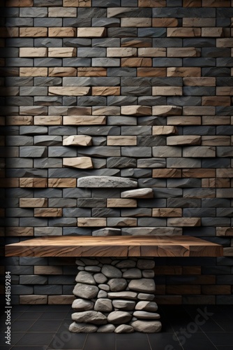 a wooden table with background brick wall made with Generative AI © riko_design
