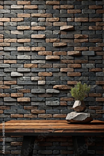 a wooden table with background brick wall made with Generative AI