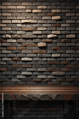 a wooden table with background brick wall made with Generative AI