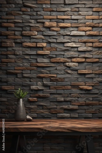 a wooden table with background brick wall made with Generative AI
